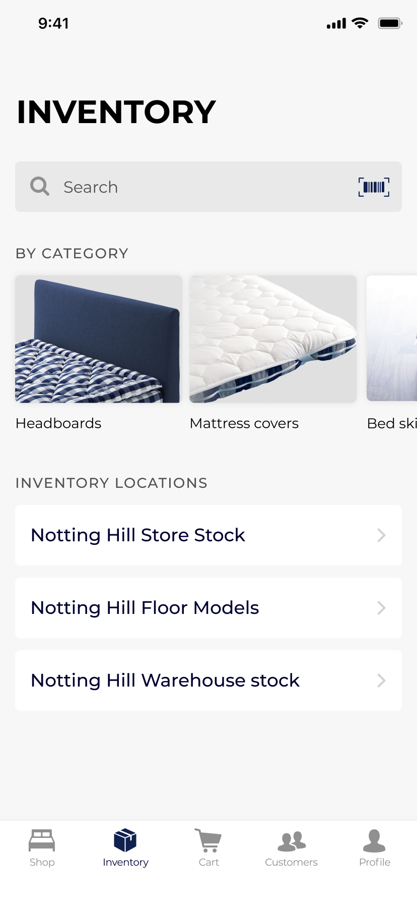 Inventory screen with categories and barcode scan